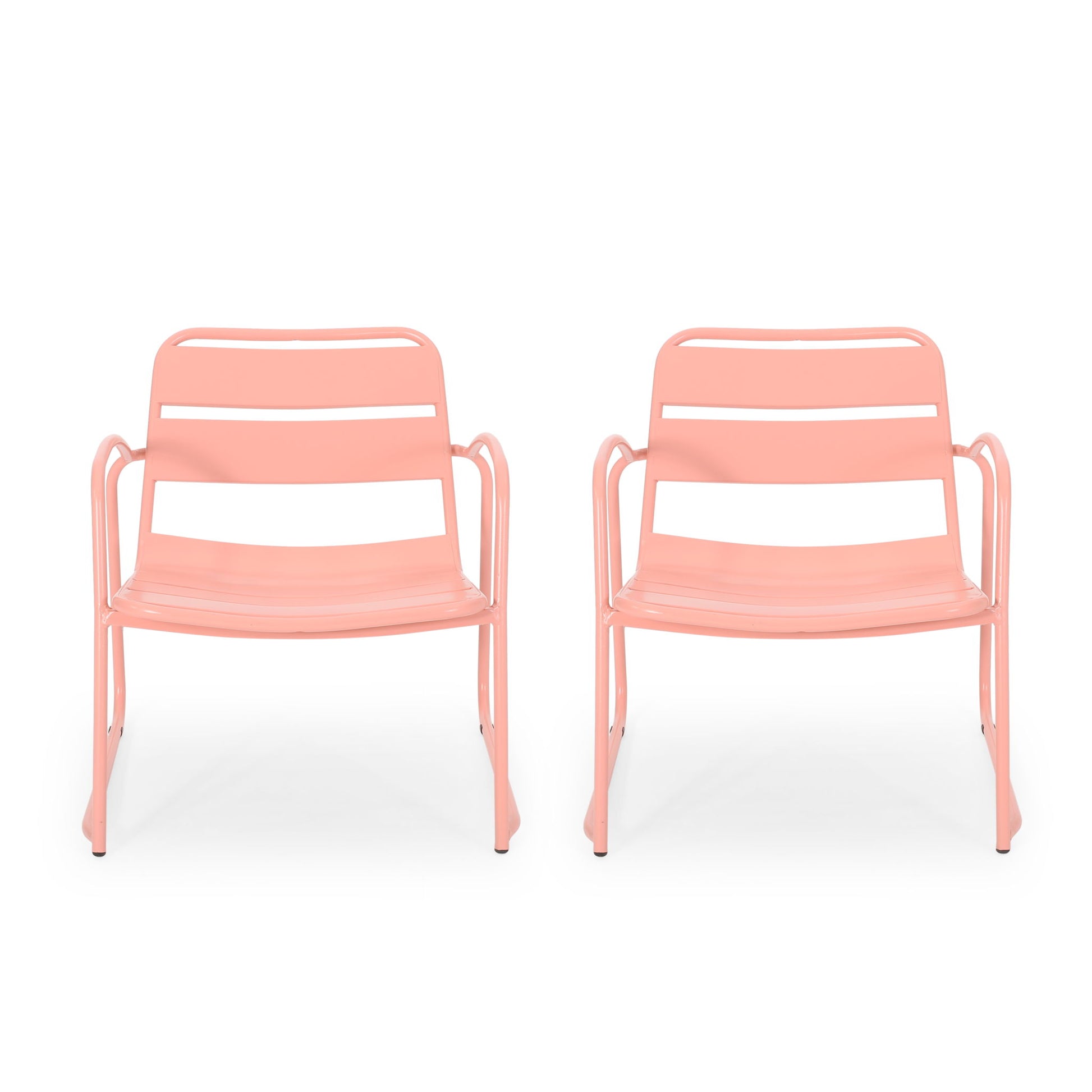 Two modern Conrad outdoor chairs in pink metal, featuring armrests and slatted seats and backs, are placed side by side facing forward against a white background.