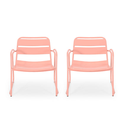 Two modern Conrad outdoor chairs in pink metal, featuring armrests and slatted seats and backs, are placed side by side facing forward against a white background.