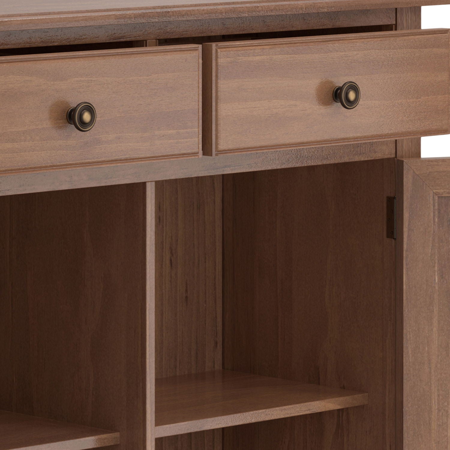 Close-up of the Connaught Entryway Storage Cabinet in Medium Saddle Brown, featuring two top drawers with round metal knobs and an open door revealing interior shelves below.