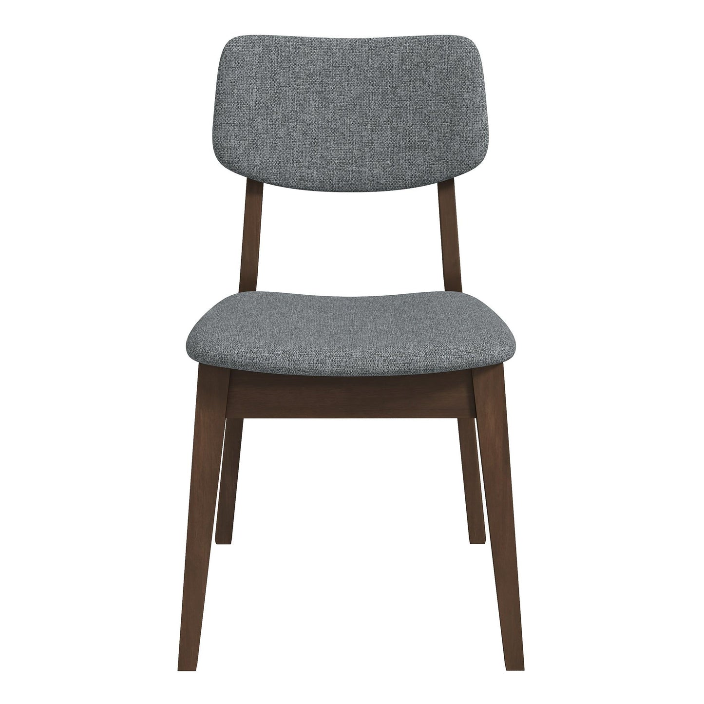 The Carlos Solid Back Side Chair (Set of 2) features a dark brown wooden frame and legs, with padded seat and backrest upholstered in gray fabric, shown from the front against a white background.