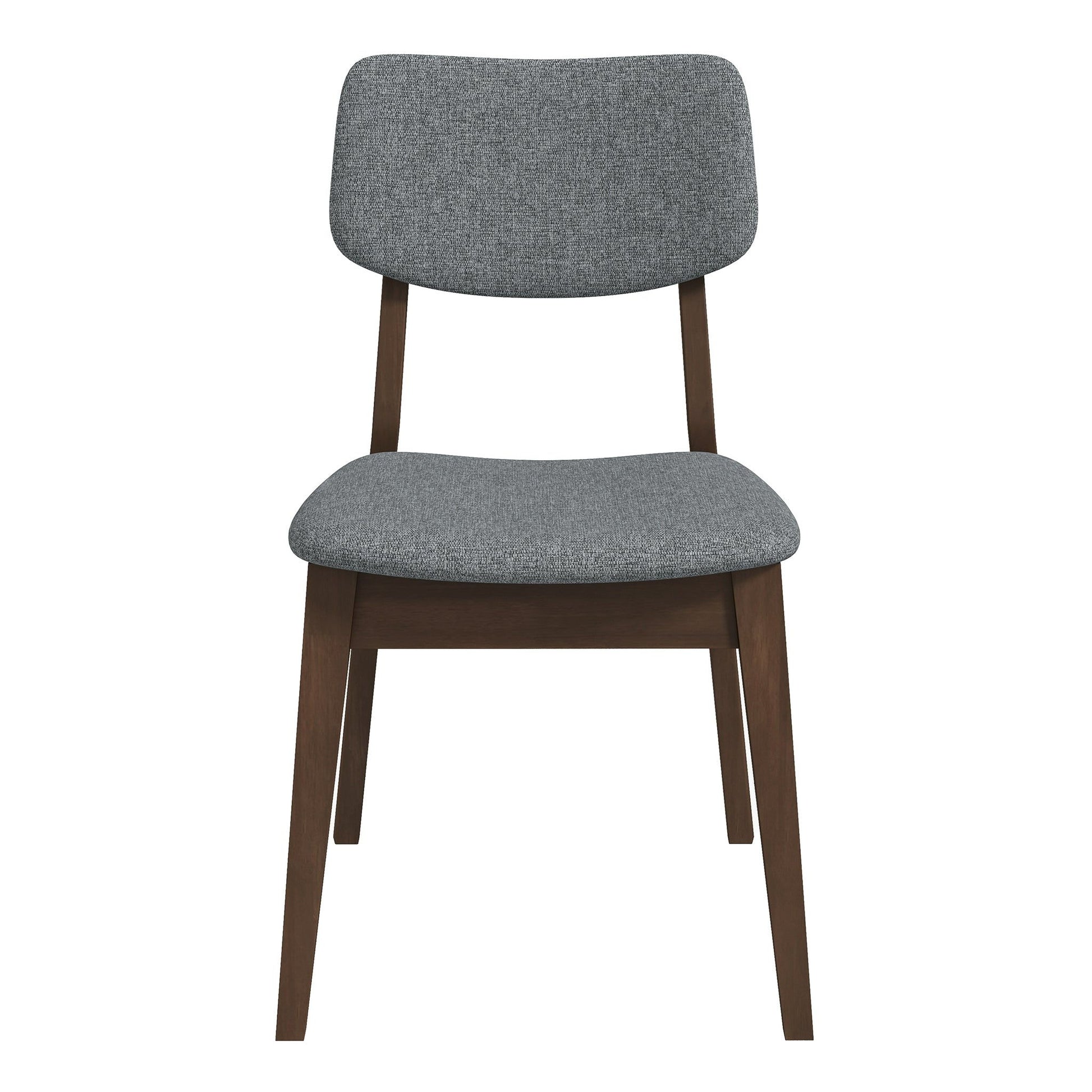 The Carlos Solid Back Side Chair (Set of 2) features a dark brown wooden frame and legs, with padded seat and backrest upholstered in gray fabric, shown from the front against a white background.