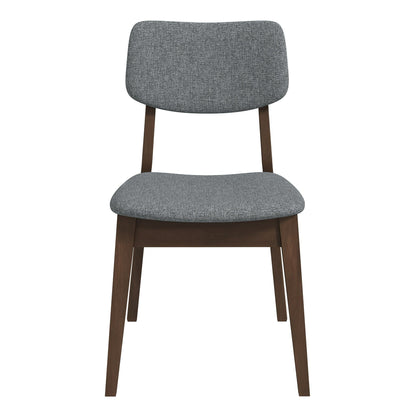 The Carlos Solid Back Side Chair (Set of 2) features a dark brown wooden frame and legs, with padded seat and backrest upholstered in gray fabric, shown from the front against a white background.
