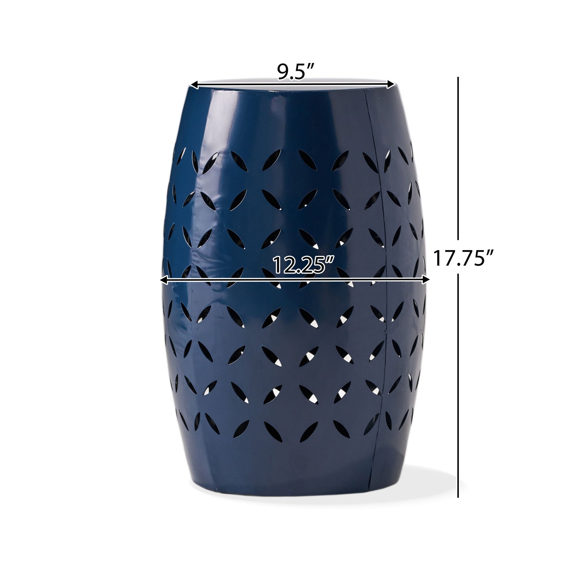 The 12" Outdoor Lace Cut Side Table is a navy blue ceramic garden stool with a cutout pattern, measuring 17.75"H x 12.25"W x 9.5"D.