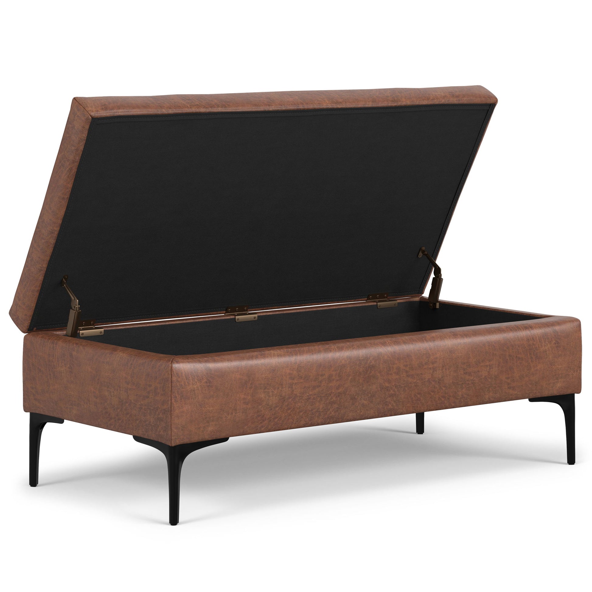 The Rebecca Multifunctional Coffee Table Storage Ottoman features a brown upholstered exterior, black metal legs, and a lift-up lid that reveals a spacious storage compartment inside.