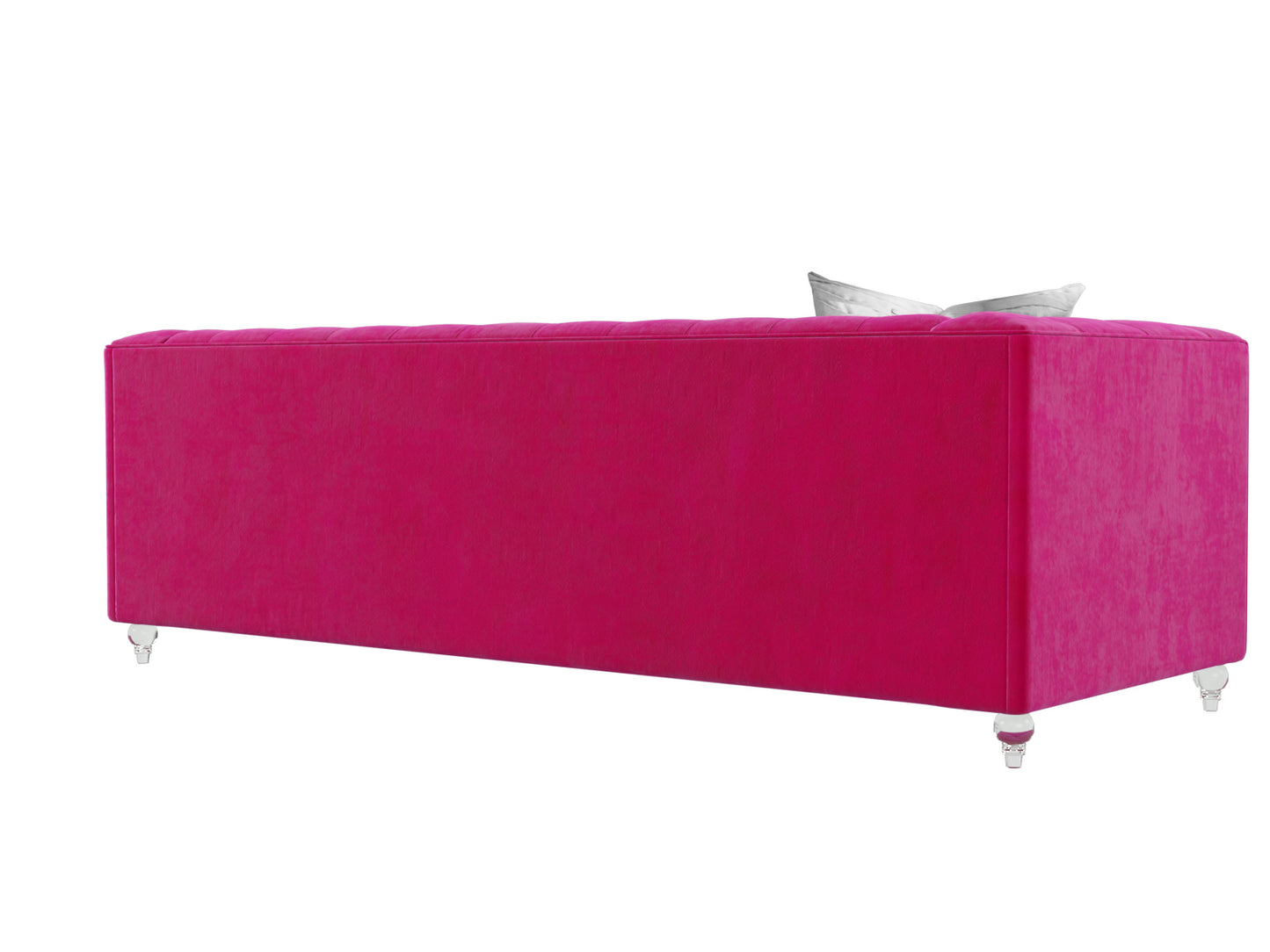 The back view of the Bea Velvet Tufted Sofa in bright pink displays its tufted backrest, silver legs, and two white pillows at one end.
