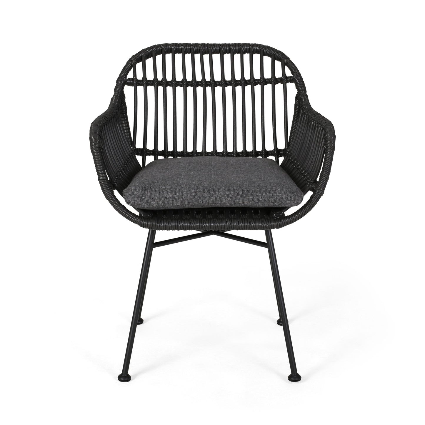 The Outdoor Rattan Accent Chair With Metal Legs features a modern black rattan frame, curved back, open slatted design, metal legs, and a dark gray seat cushion, displayed from the front on a white background.