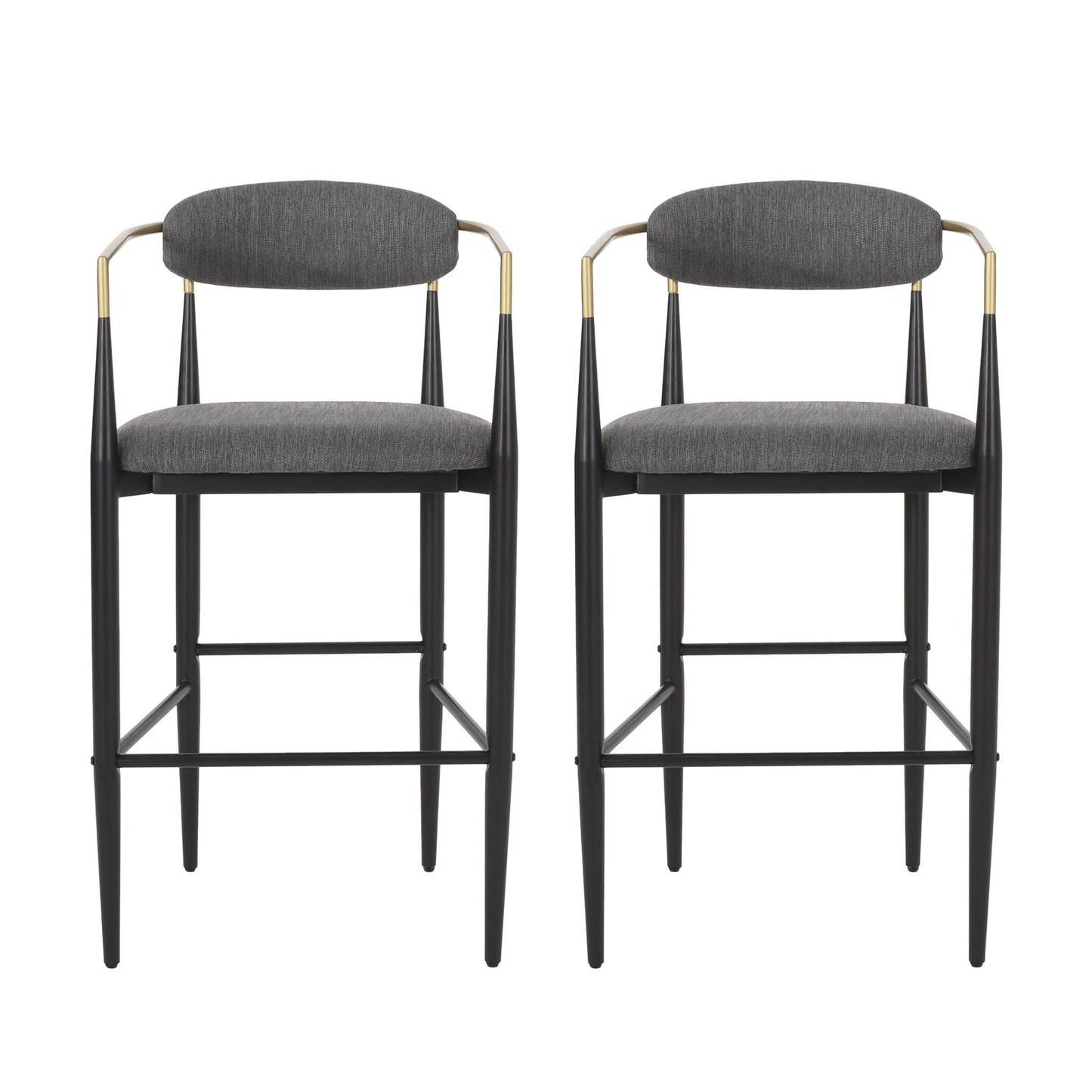 A set of two Counter Height Upholstered Barstools features black metal frames, gold-accented armrests, and dark gray upholstered seats and backrests, shown side by side against a white background.