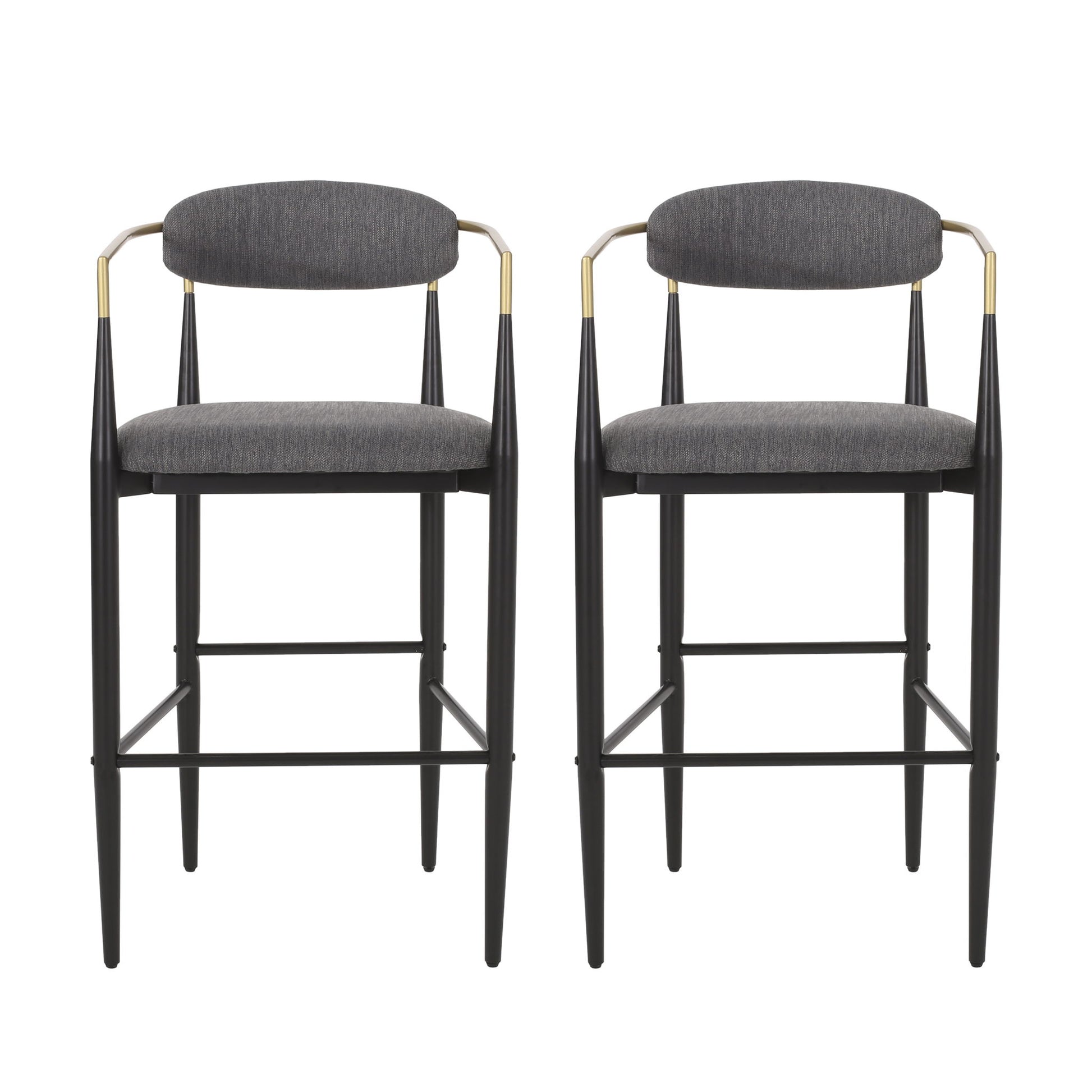 A set of two Counter Height Upholstered Barstools features black metal frames, gold-accented armrests, and dark gray upholstered seats and backrests, shown side by side against a white background.
