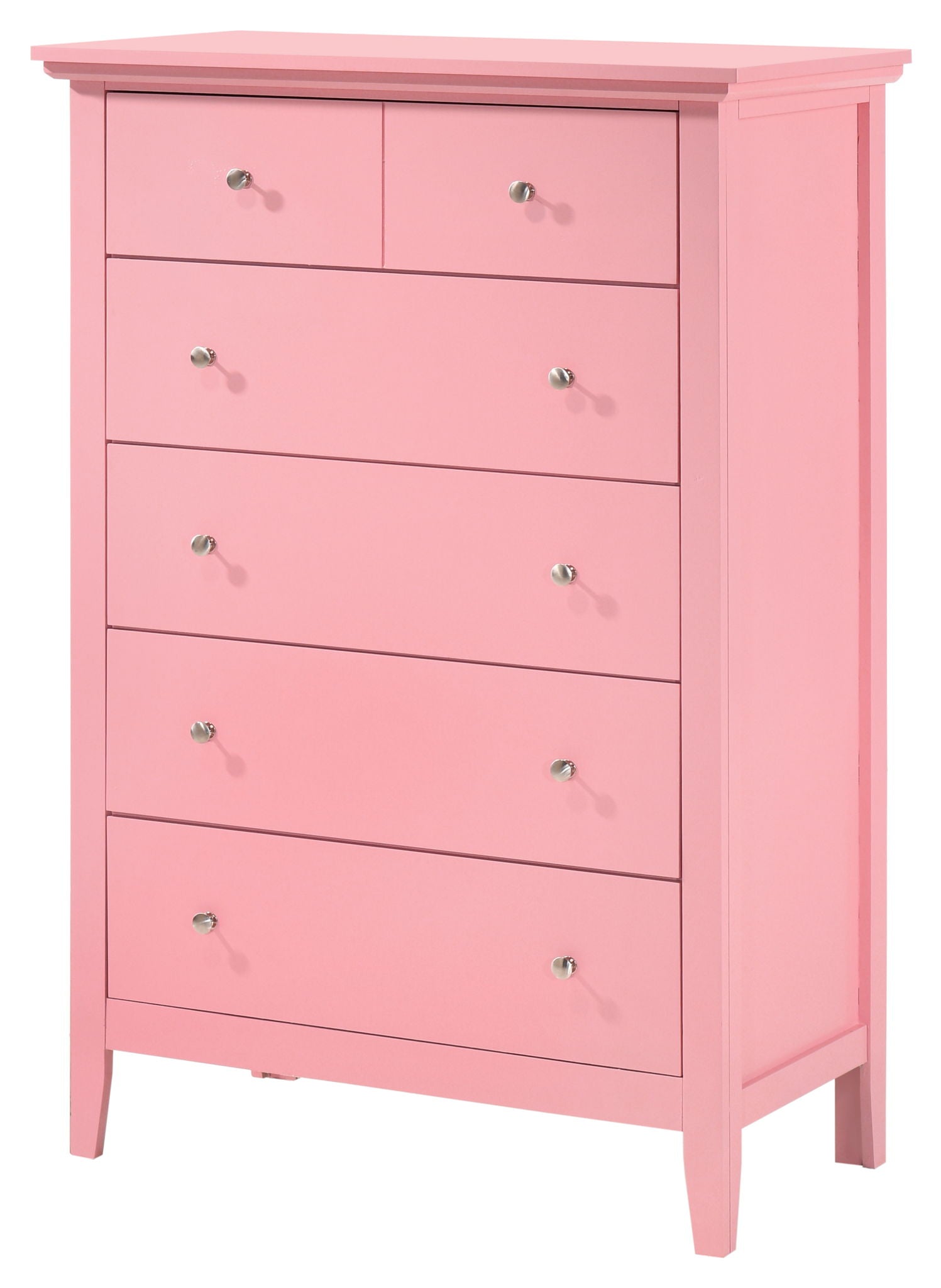 The Hammond Chest is a pink wooden dresser with six drawers—two smaller top drawers and four larger lower ones—all featuring round metal knobs and a simple, modern design.
