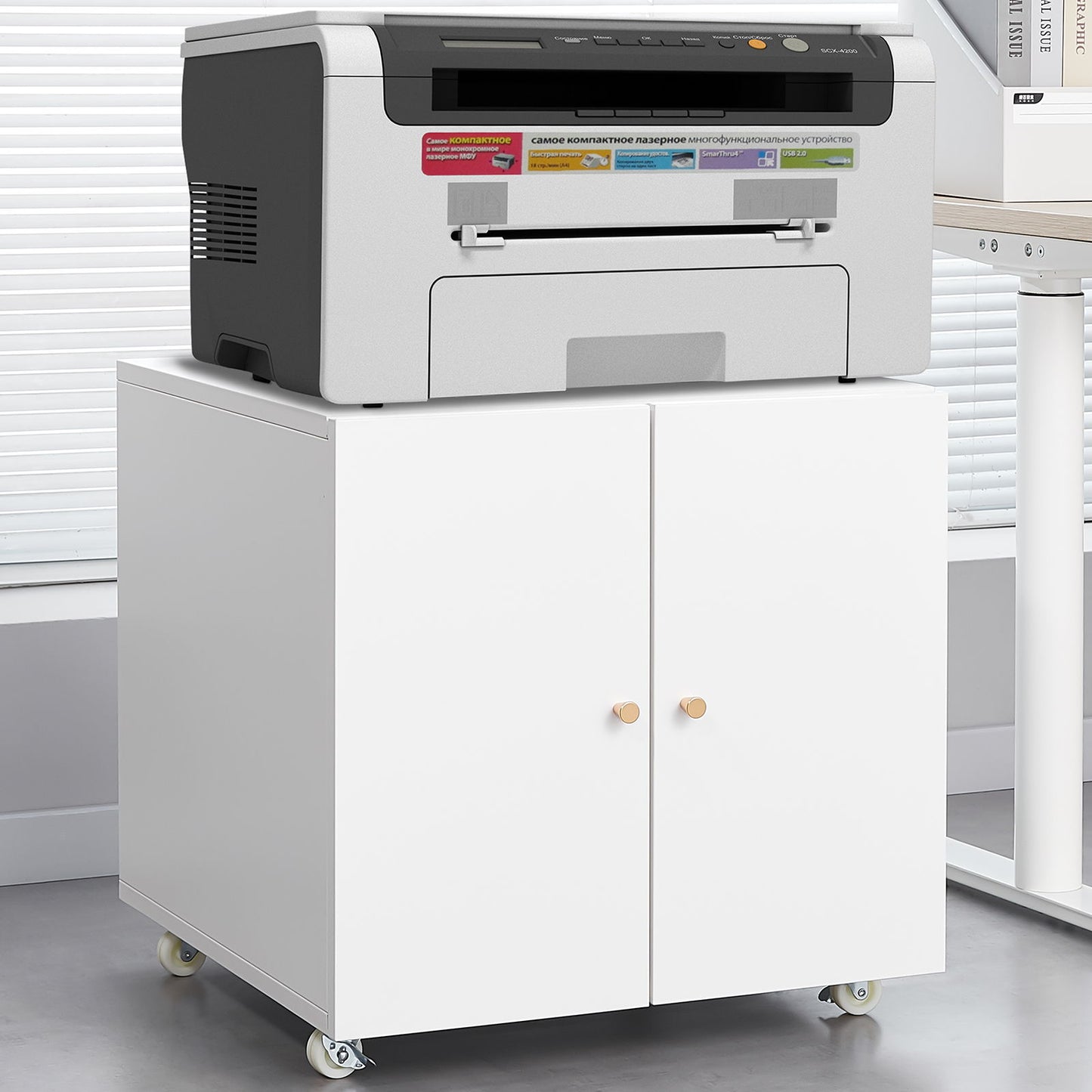 The Office Furniture Copier Cabinet 2 Door Steel Copier Stand Mobile Pedestal File Printer Stand holds a gray printer and features two doors with wooden knobs, wheels for mobility, and fits well in an office with blinds and a gray floor.