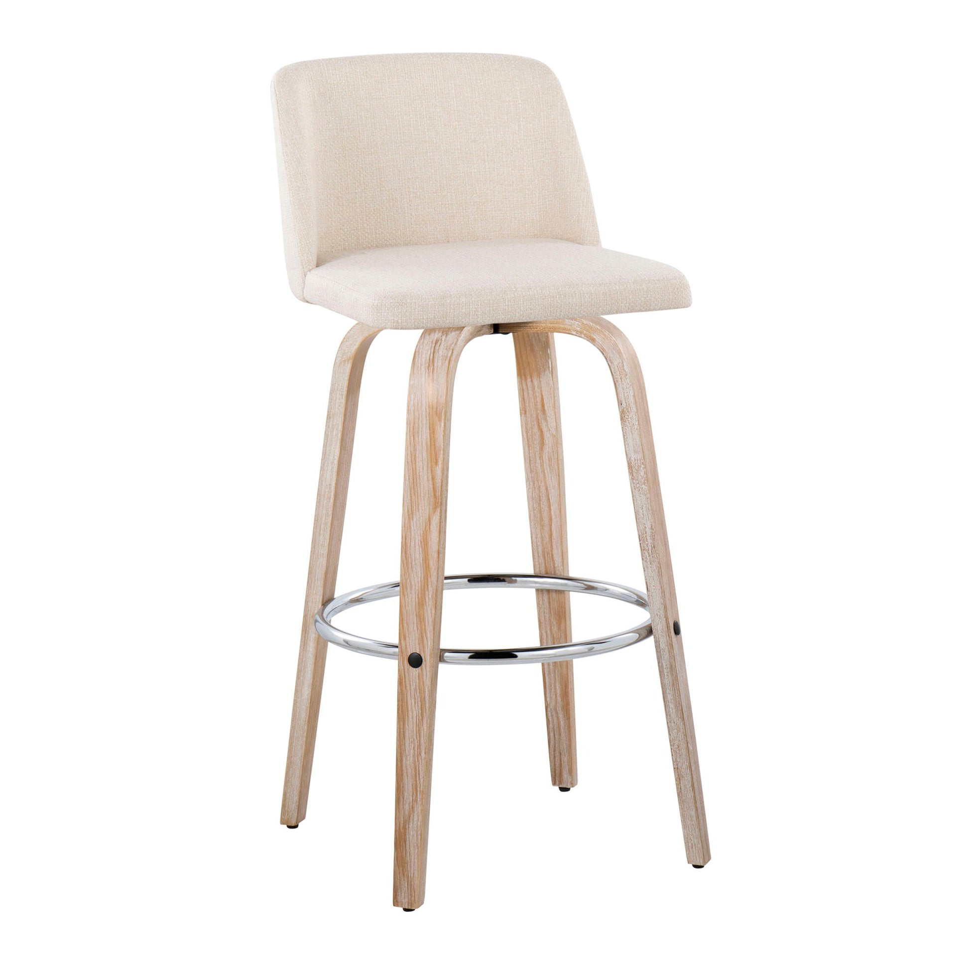 The Toriano Contemporary Fixed Height Barstool features a light beige cushioned seat and backrest, four light wood legs, and a round metal footrest. Includes swivel function. Sold as a set of 2.