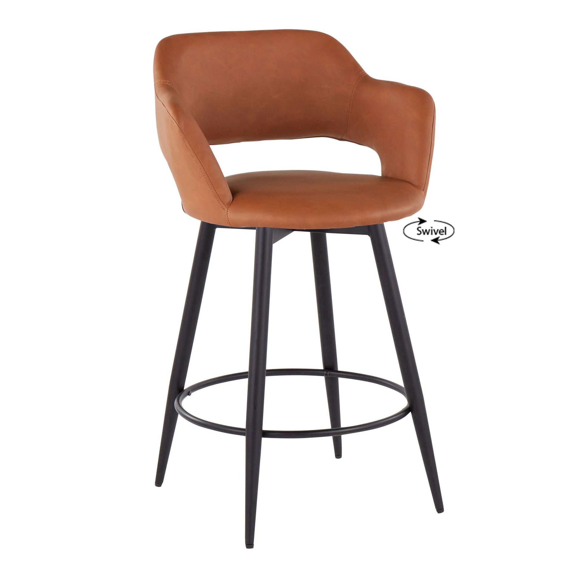 The Margarite set includes two contemporary brown bar stools featuring a curved leather seat, black metal legs, and a round footrest. The swivel function is highlighted by the label "Swivel," indicating their rotating capability.
