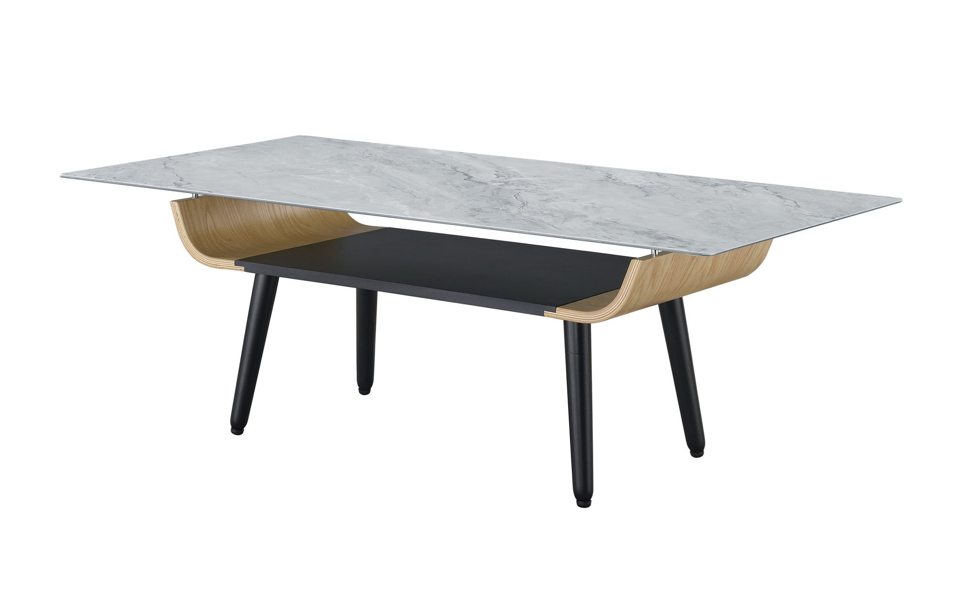 The Landon Coffee Table features a glass marble-texture top, black legs, and a bent wood-accented open shelf beneath the tabletop for modern minimalist style.