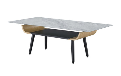 The Landon Coffee Table features a glass marble-texture top, black legs, and a bent wood-accented open shelf beneath the tabletop for modern minimalist style.