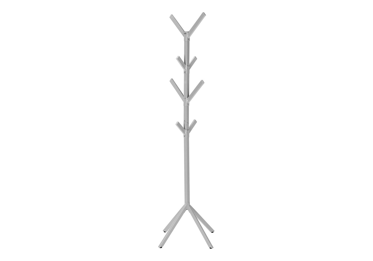 The Coat Rack Hall Tree is a free-standing, contemporary entryway piece with a minimalist design, featuring 8 angled hooks on a central pole and a stable four-legged base.