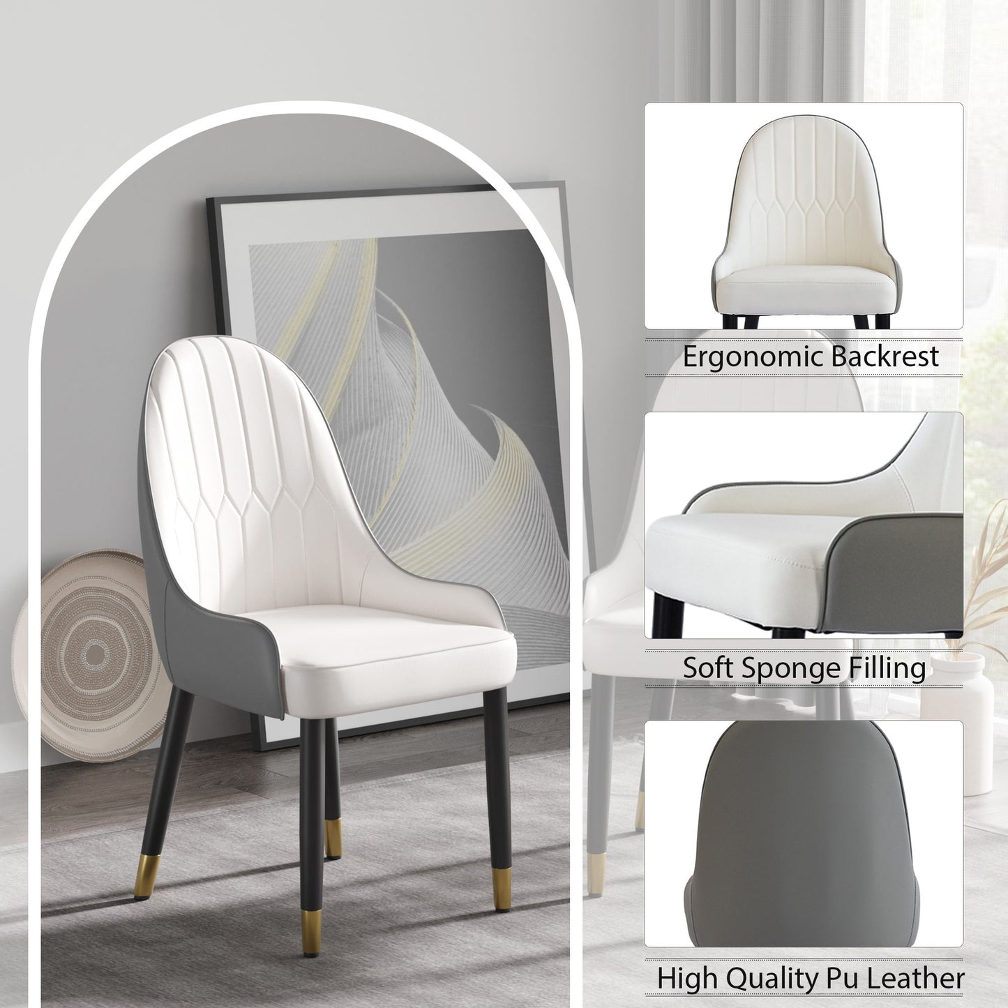 The Modern PU Sponge-Filled Dining Chair (Set of 2) with solid wood metal legs is displayed in a stylish room. Insets highlight its ergonomic backrest, soft sponge filling, and high-quality PU leather. Abstract artwork decorates the background.
