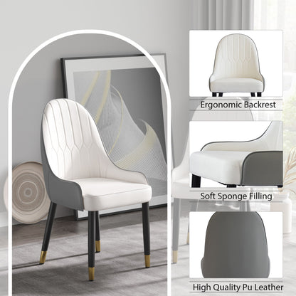 The Modern PU Sponge-Filled Dining Chair (Set of 2) with solid wood metal legs is displayed in a stylish room. Insets highlight its ergonomic backrest, soft sponge filling, and high-quality PU leather. Abstract artwork decorates the background.