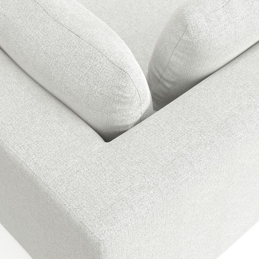 Close-up of the Jasmine - Handcrafted Sofa in light gray textured fabric, featuring two large back cushions and part of the armrest, showcasing its clean lines and minimalistic design.