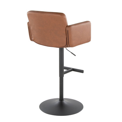 The Stout Contemporary Adjustable Barstool features brown leather, a high backrest with armrests, and a black metal pedestal base, shown from the back.