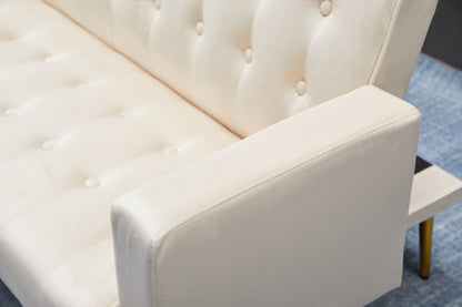 Close-up of the Comfort Compact Design Sofa Bed in light beige with tufted button details and a single armrest, placed on a blue textured rug.