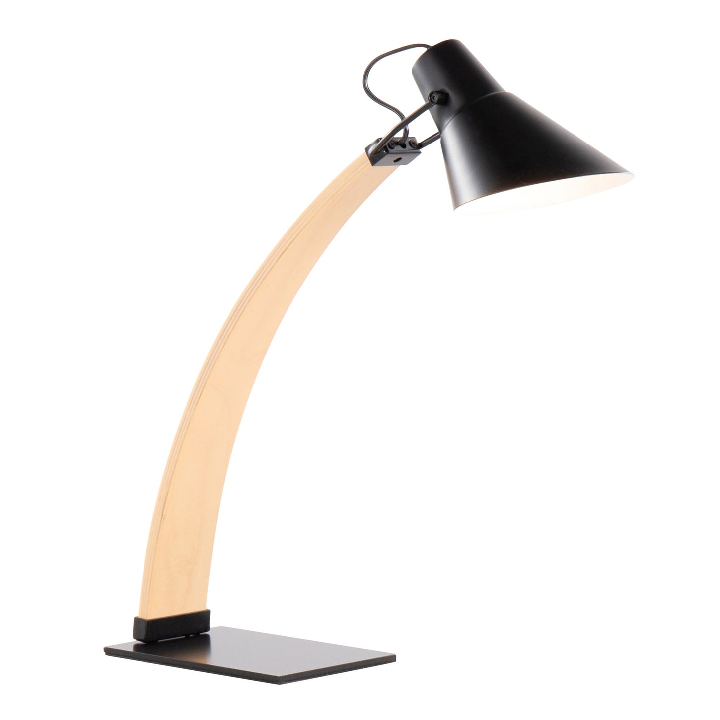 The Noah - Contemporary Table Lamp features a curved wooden arm, black rectangular base, and a downward-facing black metal cone lampshade for a modern look.
