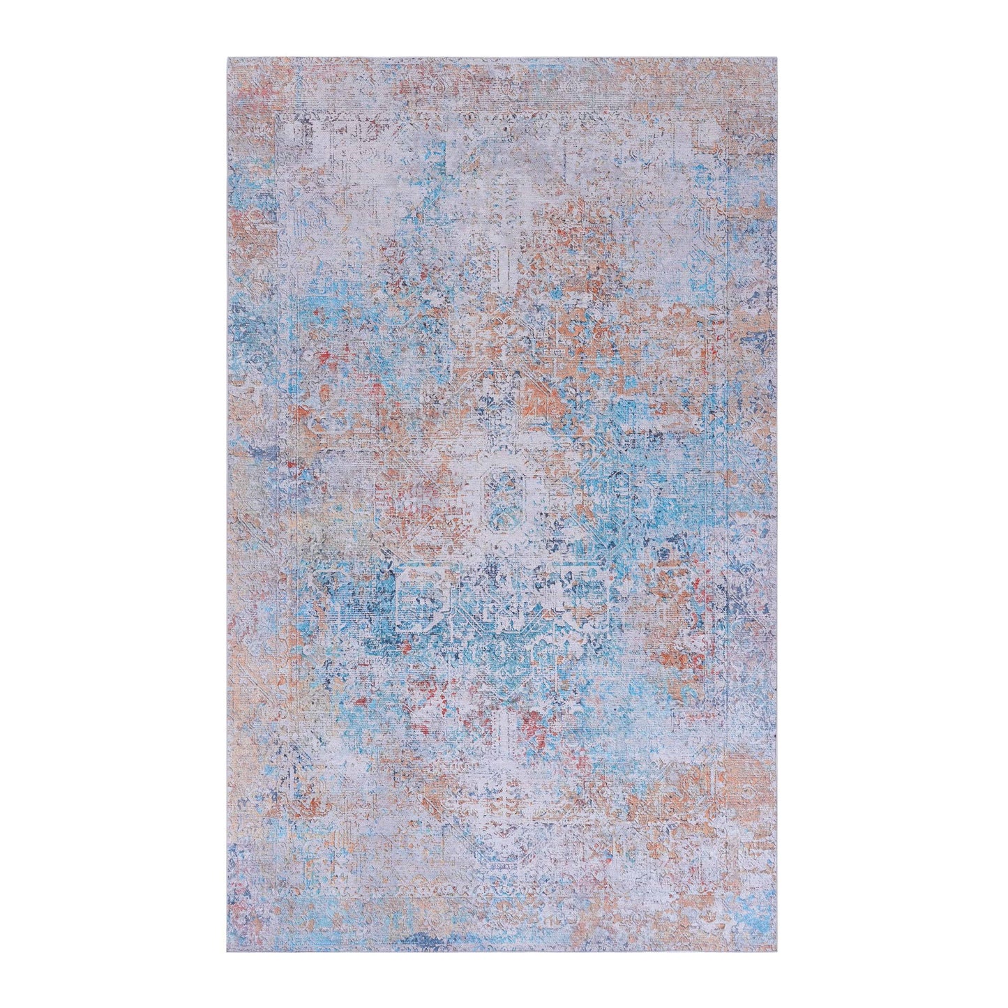 The Maval - Unique Washable Area Rug showcases a distressed, vintage-inspired pattern in faded pastel blue, peach, and cream with subtle intricate details throughout.