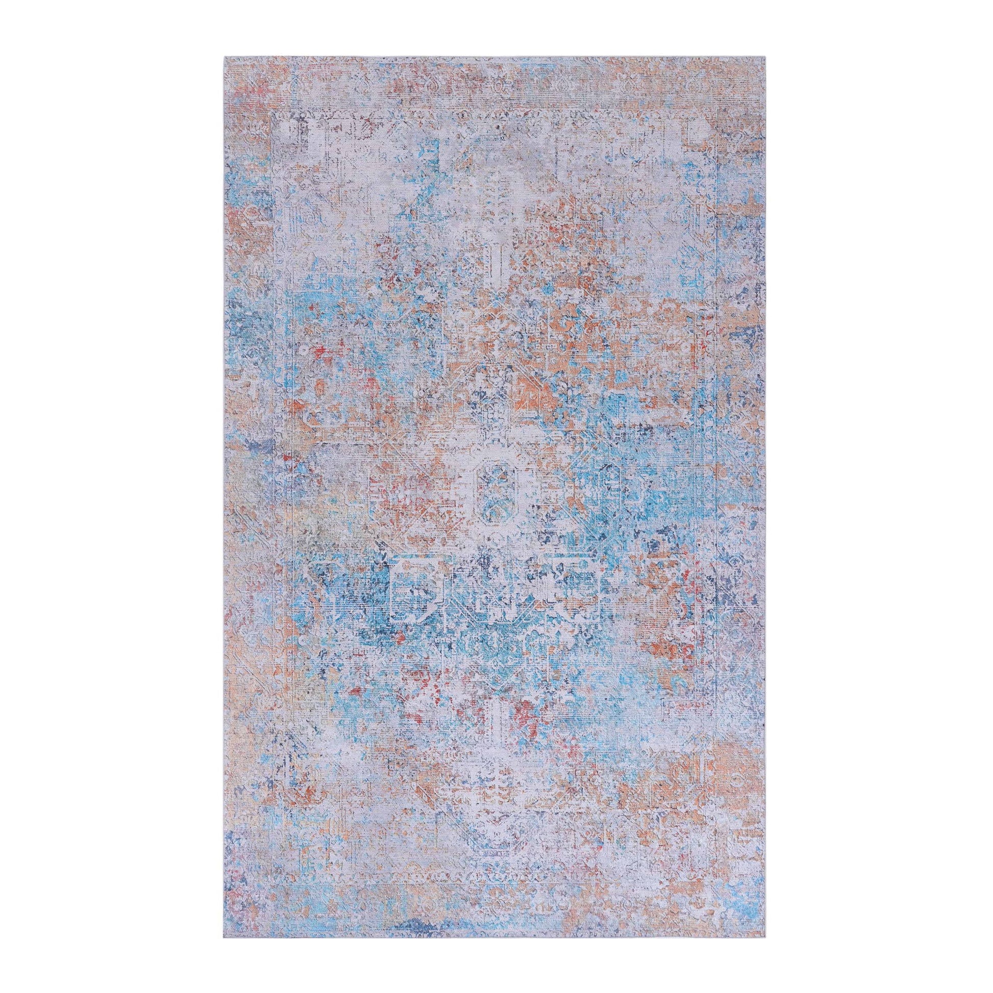 The Maval - Unique Washable Area Rug showcases a distressed, vintage-inspired pattern in faded pastel blue, peach, and cream with subtle intricate details throughout.