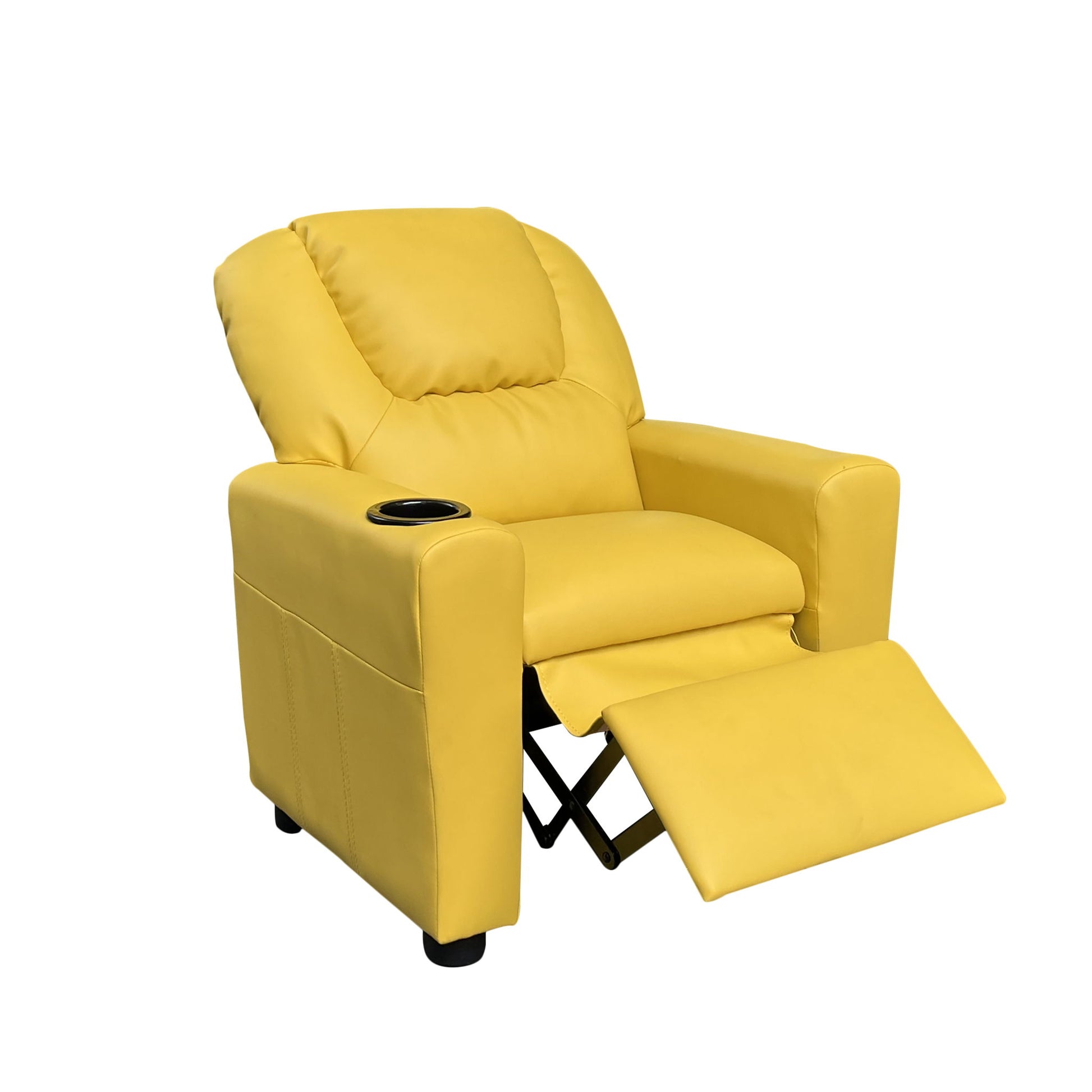 The Marisa PU Leather Kids Recliner Chair features a bright yellow design, padded backrest and armrests, an extended footrest, and a built-in cup holder on the armrest.