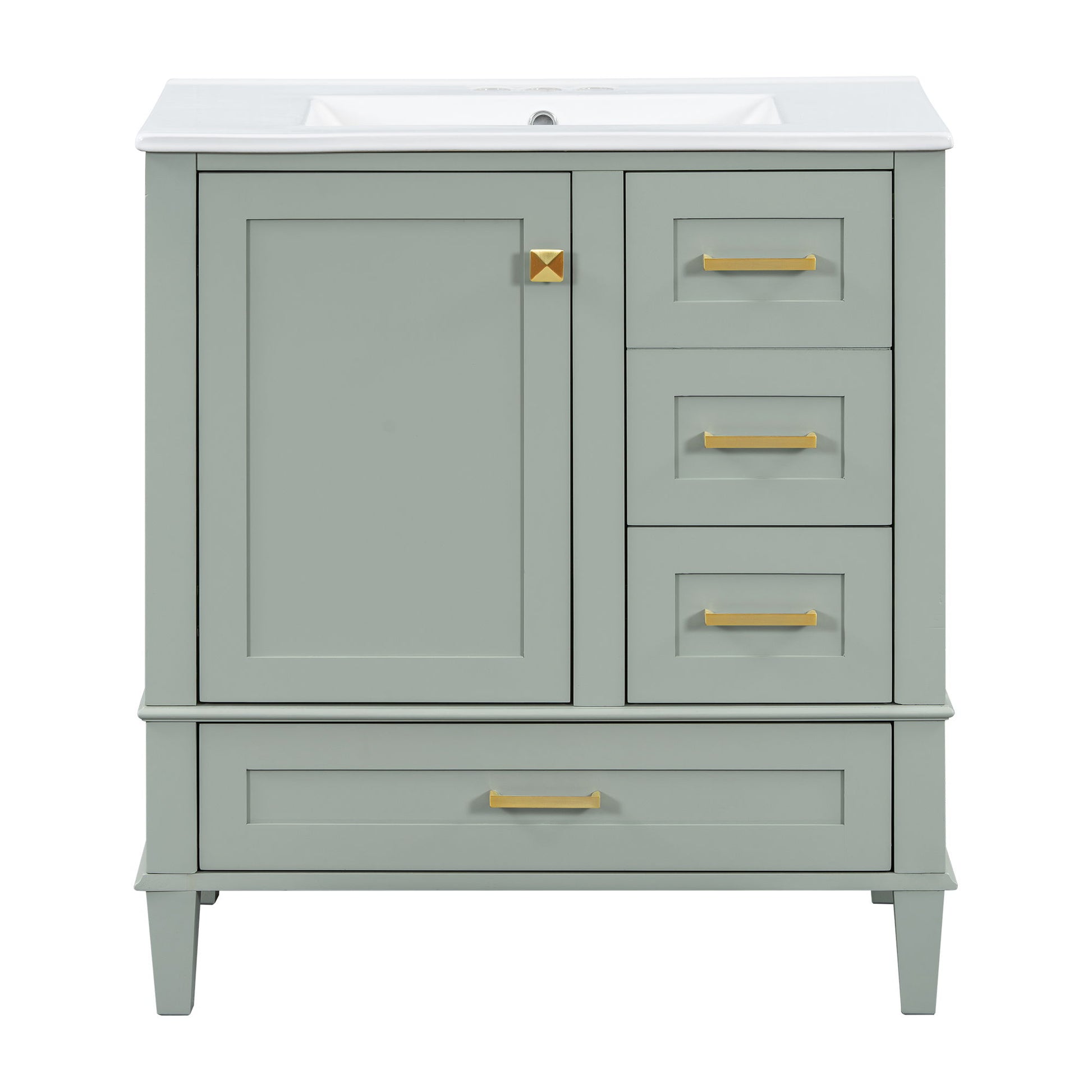 The Bathroom Vanity is a modern cabinet with a light green finish, solid wood frame, white sink top, soft closing door on the left, three drawers on the right, and a wide bottom drawer—all with gold handles.