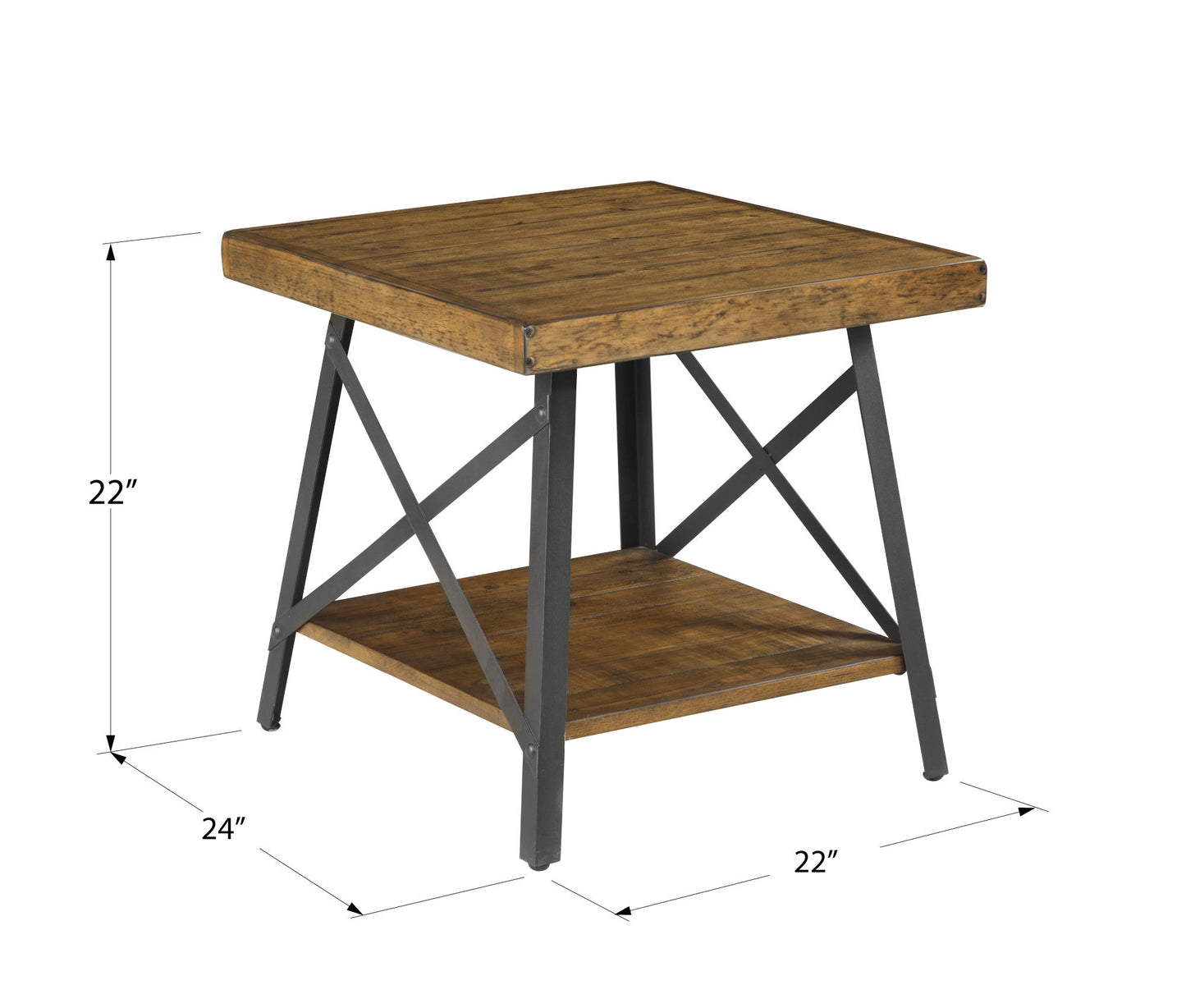The Douglas End Table features a square wooden top, black metal frame with X-shaped supports, a lower shelf, and measures 24"W x 22"D x 22"H.
