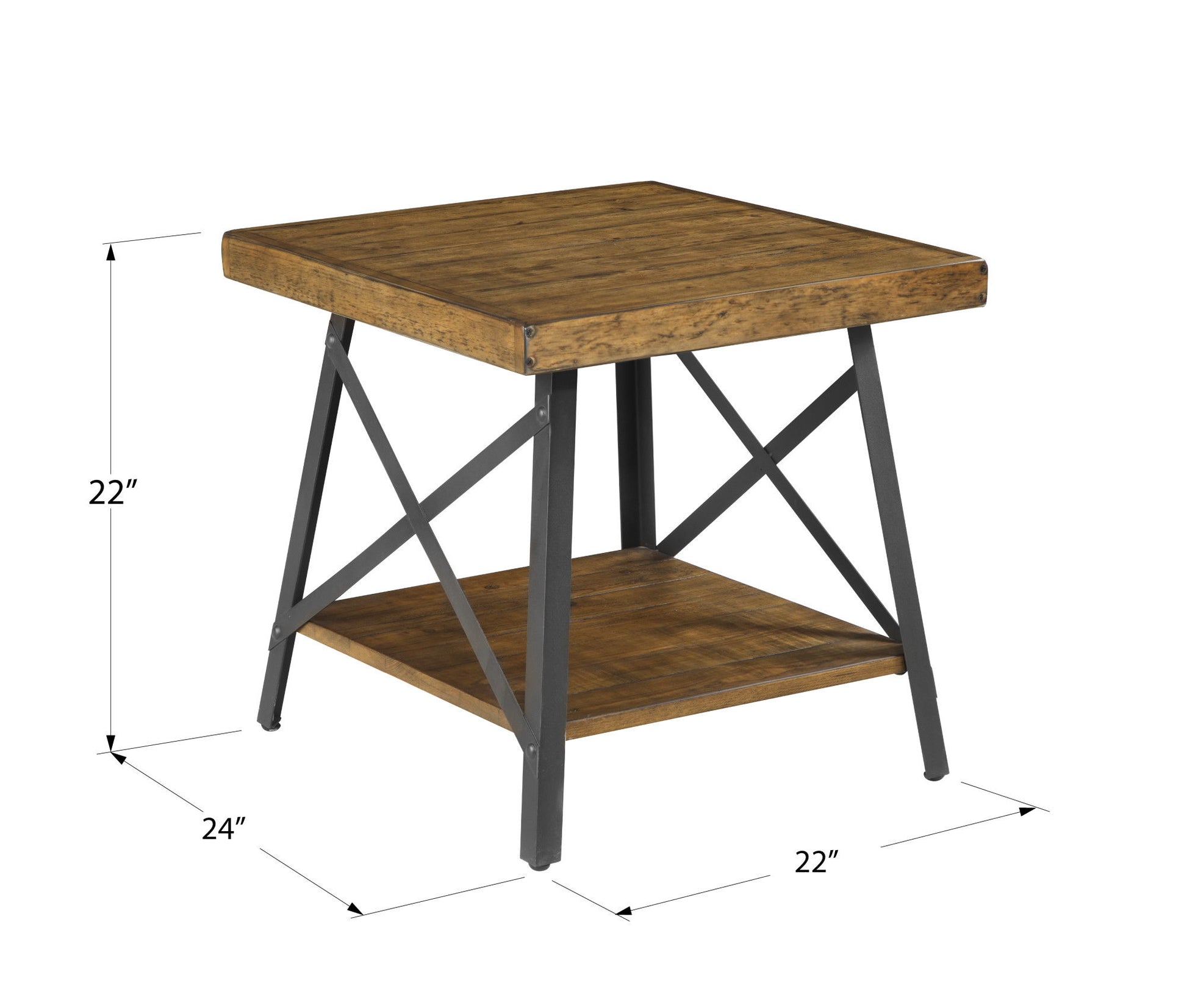 The Douglas End Table features a square wooden top, black metal frame with X-shaped supports, a lower shelf, and measures 24"W x 22"D x 22"H.