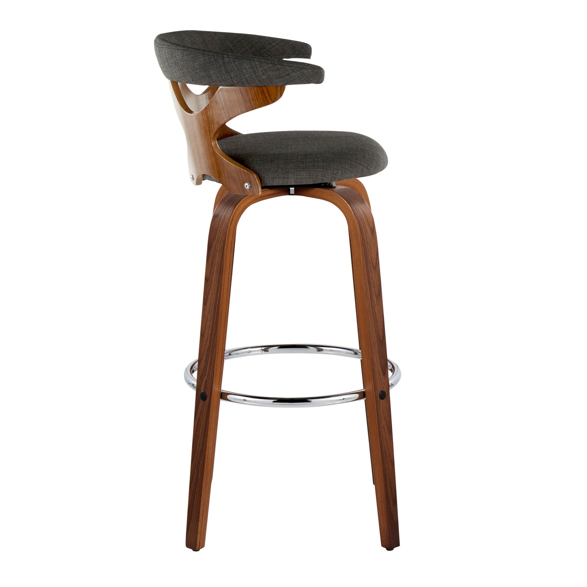 The Gardenia Mid Century Modern Fixed Height Barstool (Set of 2) features curved wooden legs, a round chrome footrest, a dark cushioned seat, and a matching cushioned backrest with a wooden cutout design and swivel function.