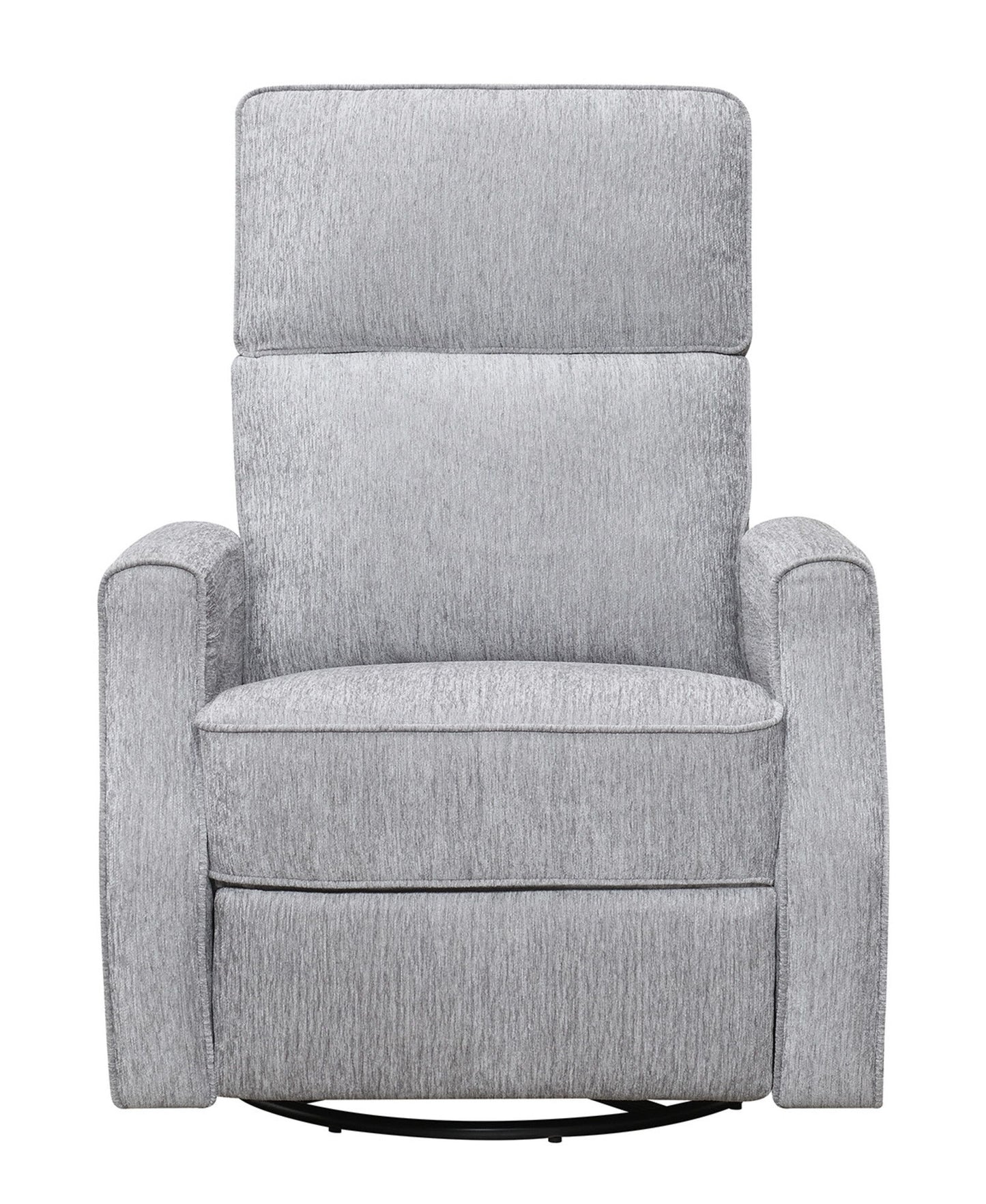 The Tavor Swivel Gliding Recliner is a gray upholstered chair with a high back and padded arms, featuring a subtle textured pattern, facing forward on a white background.