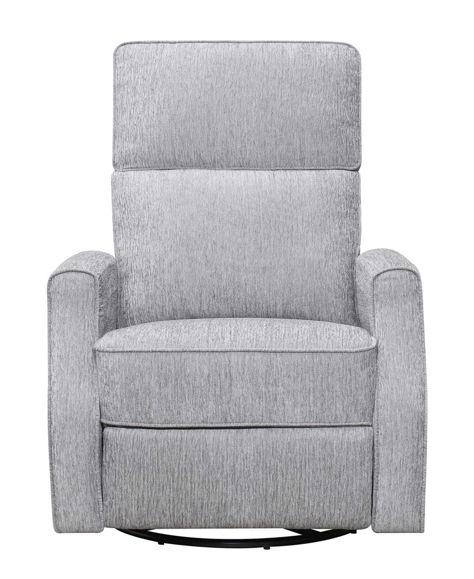 The Tavor Swivel Gliding Recliner is a gray upholstered chair with a high back and padded arms, featuring a subtle textured pattern, facing forward on a white background.