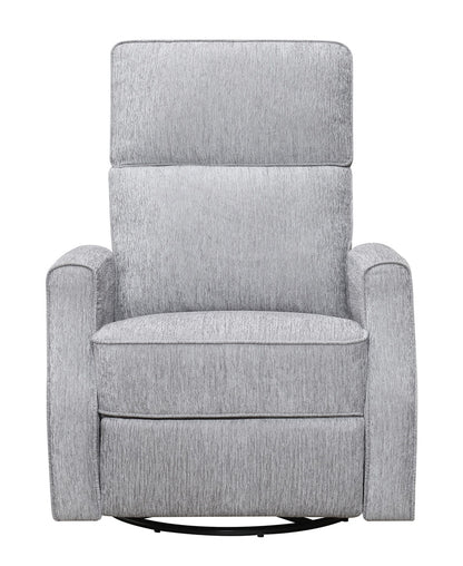 The Tavor Swivel Gliding Recliner is a gray upholstered chair with a high back and padded arms, featuring a subtle textured pattern, facing forward on a white background.