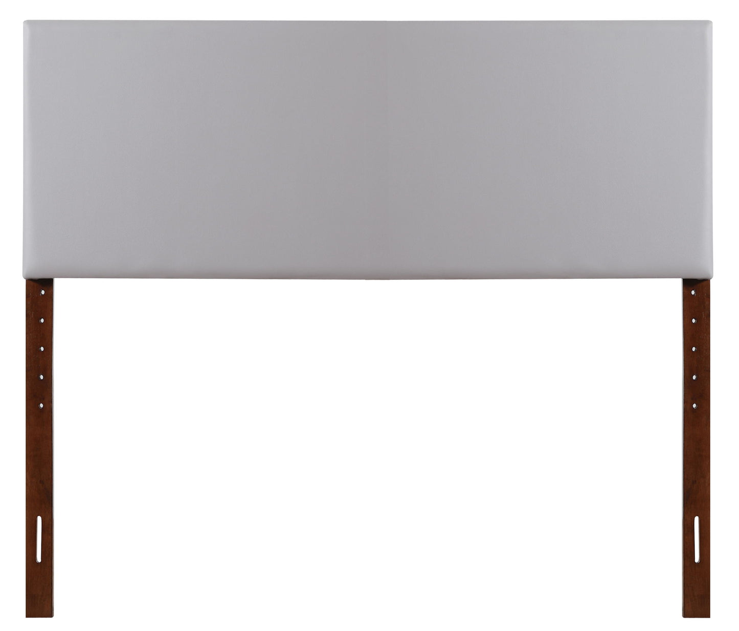 The Nova Headboard is rectangular and light gray upholstered, with two vertical dark wooden legs and adjustable mounting slots at the bottom.