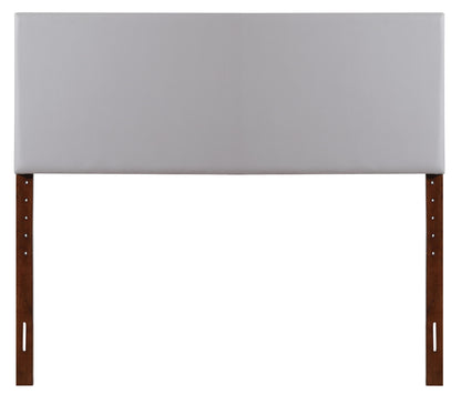 The Nova Headboard is rectangular and light gray upholstered, with two vertical dark wooden legs and adjustable mounting slots at the bottom.