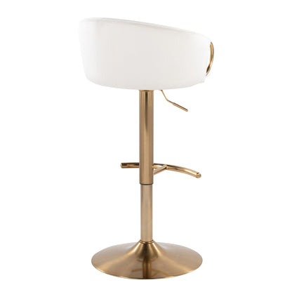 The Claire Contemporary/Glam Adjustable Bar Stool (Set of 2) features a white cushioned seat, gold metal base, footrest, and adjustable height lever, shown here in a rear view.