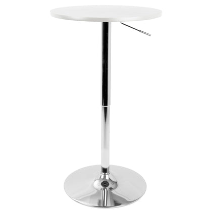The Adjustable Contemporary Bar Table - White features a modern, round design with a shiny chrome pedestal base and a small lever for easy height adjustment.