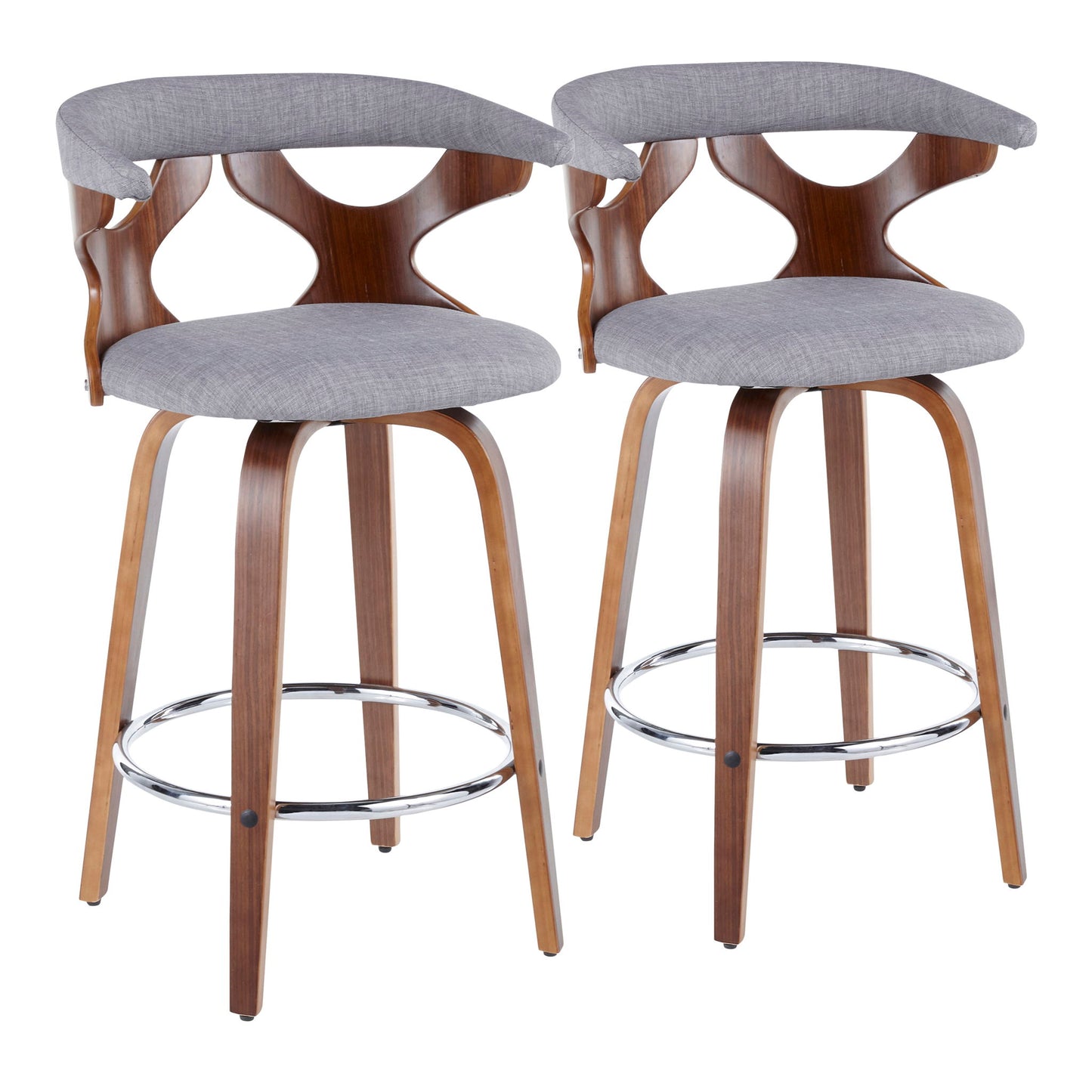 The Gardenia Mid Century Modern Counter Stool set includes two stools with curved wooden backs, open geometric designs, gray cushioned seats, wooden legs, and stylish chrome footrests, arranged side by side.