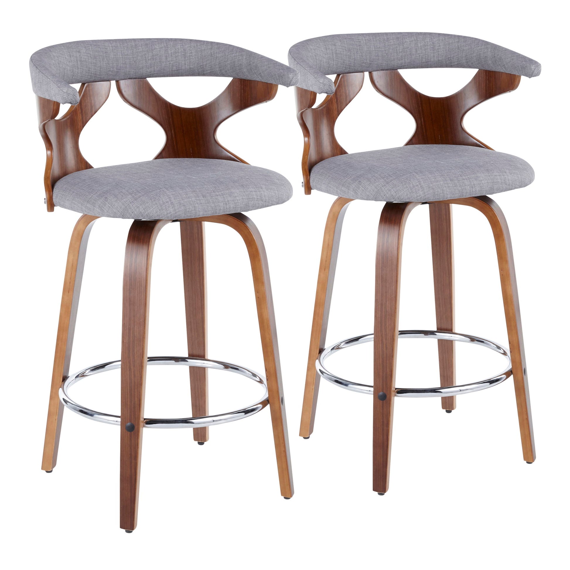 The Gardenia Mid Century Modern Counter Stool set includes two stools with curved wooden backs, open geometric designs, gray cushioned seats, wooden legs, and stylish chrome footrests, arranged side by side.