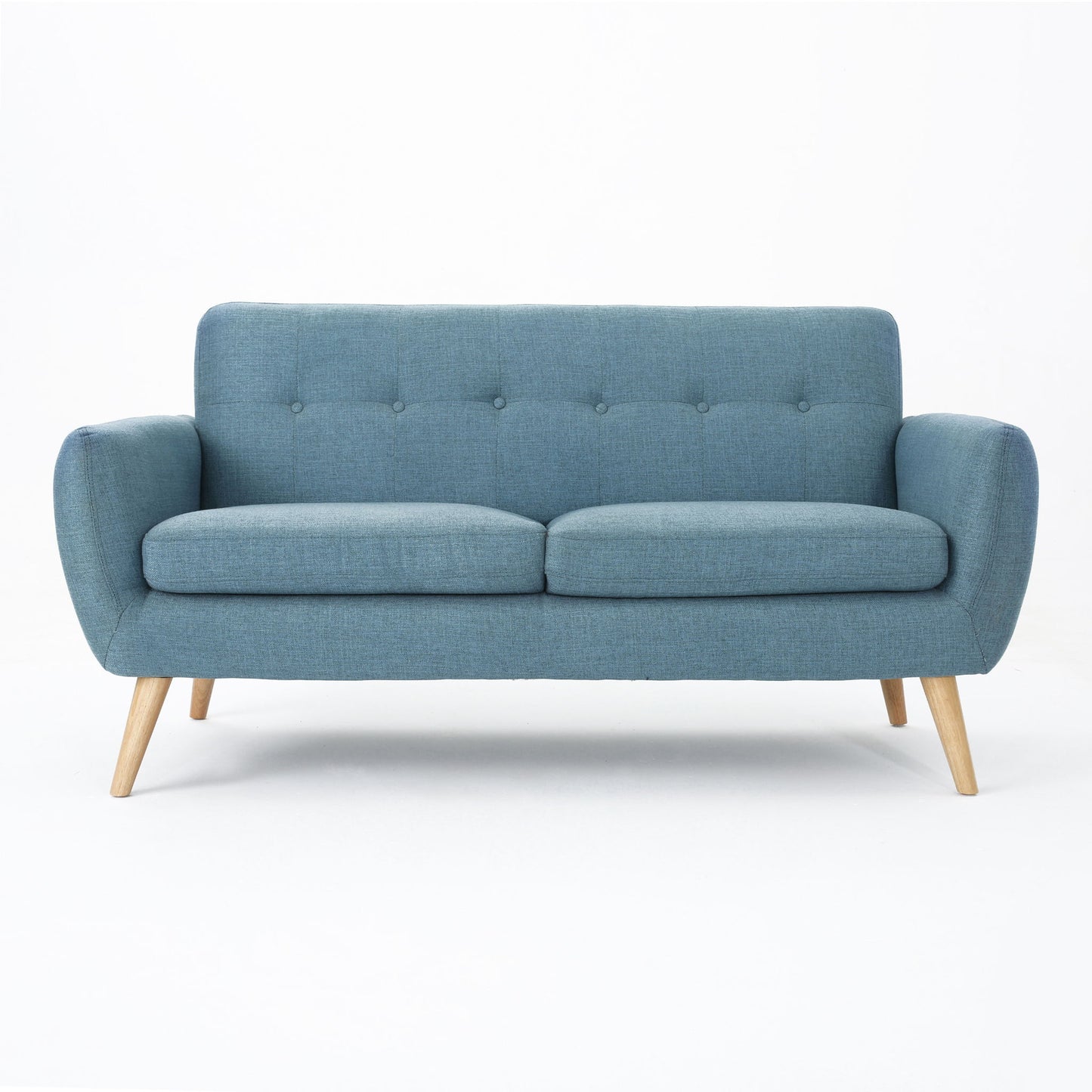 The Modern Loveseat Sofa With Button Tufted Backrest features a stylish blue finish, wooden legs, and gently curved armrests, shown against a plain white background.
