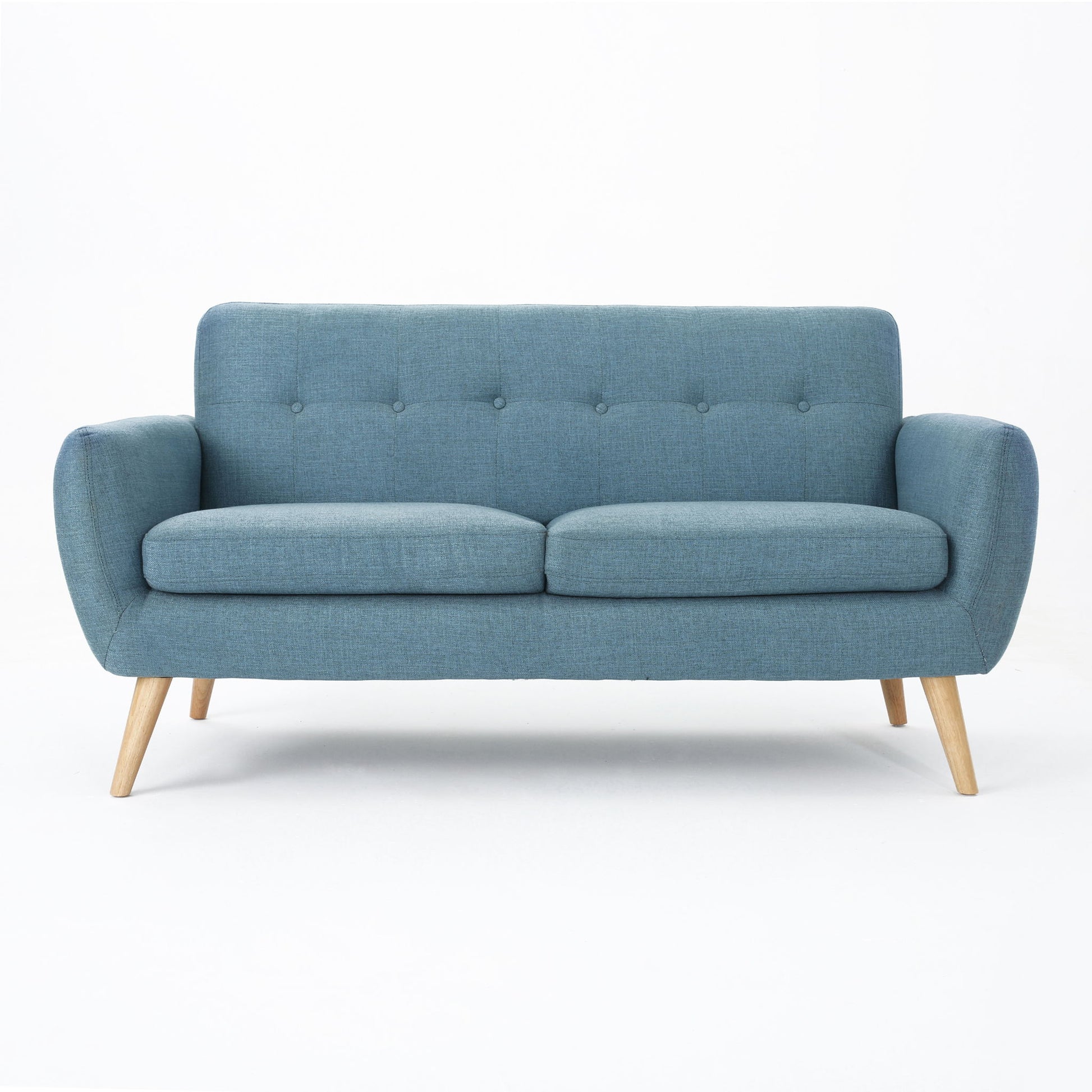 The Modern Loveseat Sofa With Button Tufted Backrest features a stylish blue finish, wooden legs, and gently curved armrests, shown against a plain white background.
