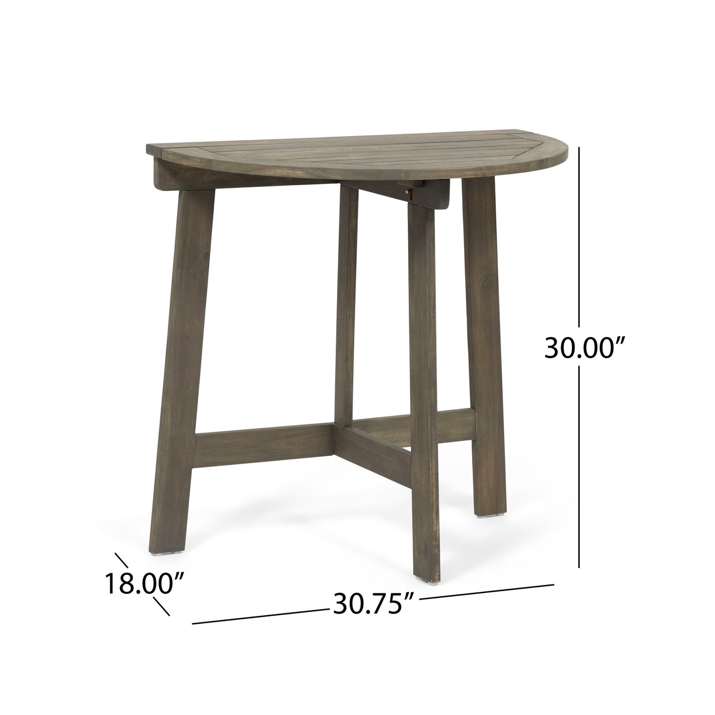 The Outdoor Half Round Folding Acacia Wood Bistro Table features a small, semi-circular design with three legs and support bars. Dimensions: 30" high, 18" deep, and 30.75" wide.