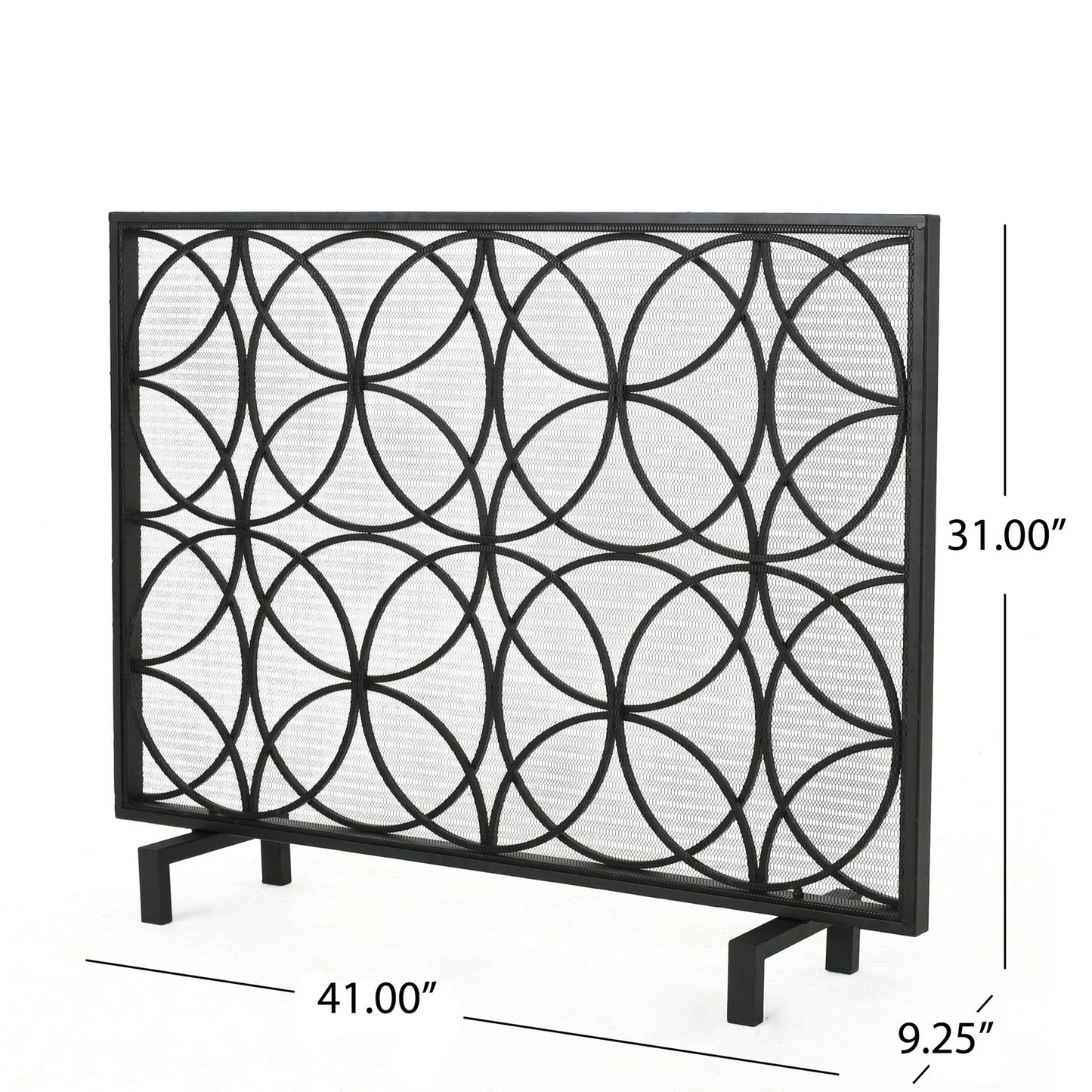 The Thayer Single Panel Iron Fireplace Screen features a geometric overlapping circle pattern, mesh backing, sturdy legs, and a rectangular shape. It measures 31"H x 41"W x 9.25"D.