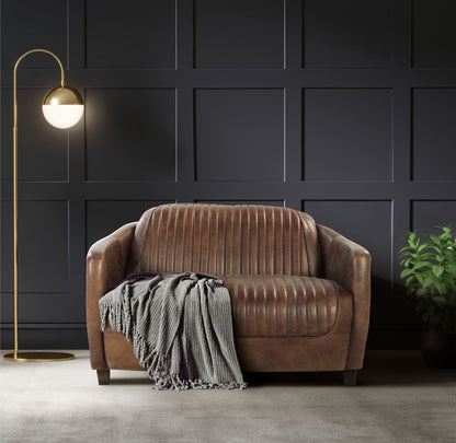 A modern living room showcases the Brancaster Grain Leather Loveseat in brown with a gray knitted throw, a gold floor lamp with a round white shade, dark paneled wall, and a potted plant on the right.