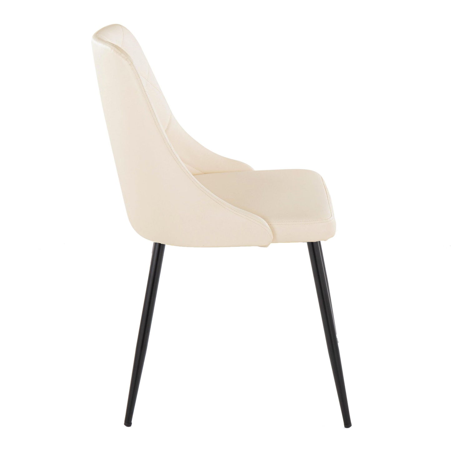 Side view of the Giovanni Dining Chair (Set of 2) featuring a cream cushioned seat and backrest with four angled slender black metal legs for a contemporary, elegant look.