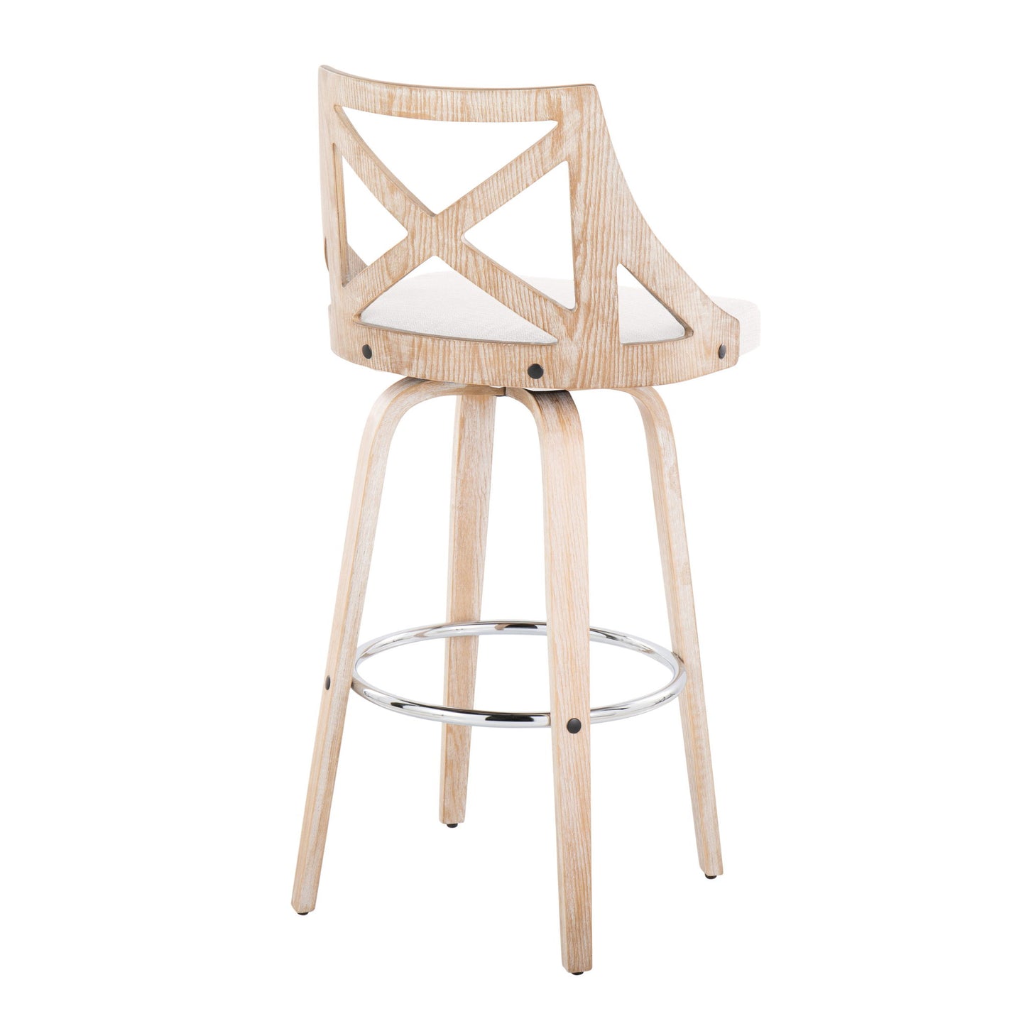 The Charlotte Farmhouse Fixed Height Bar Stool (set of 2) features a wooden swivel seat with a light finish, open "X" backrest, and round chrome footrest on four legs.