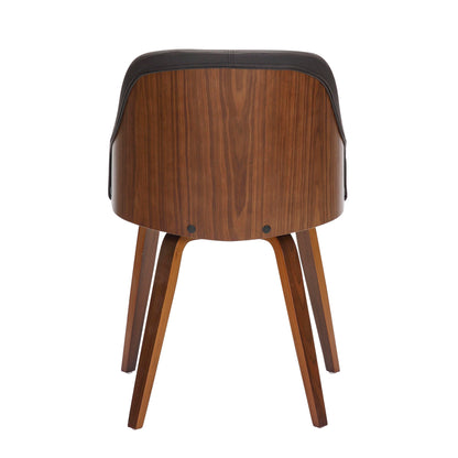 The Bacci Mid Century Modern Dining Chair features a curved wooden backrest and seat, black cushioned top edge, and four angled wooden legs. Shown from the back against a white background.