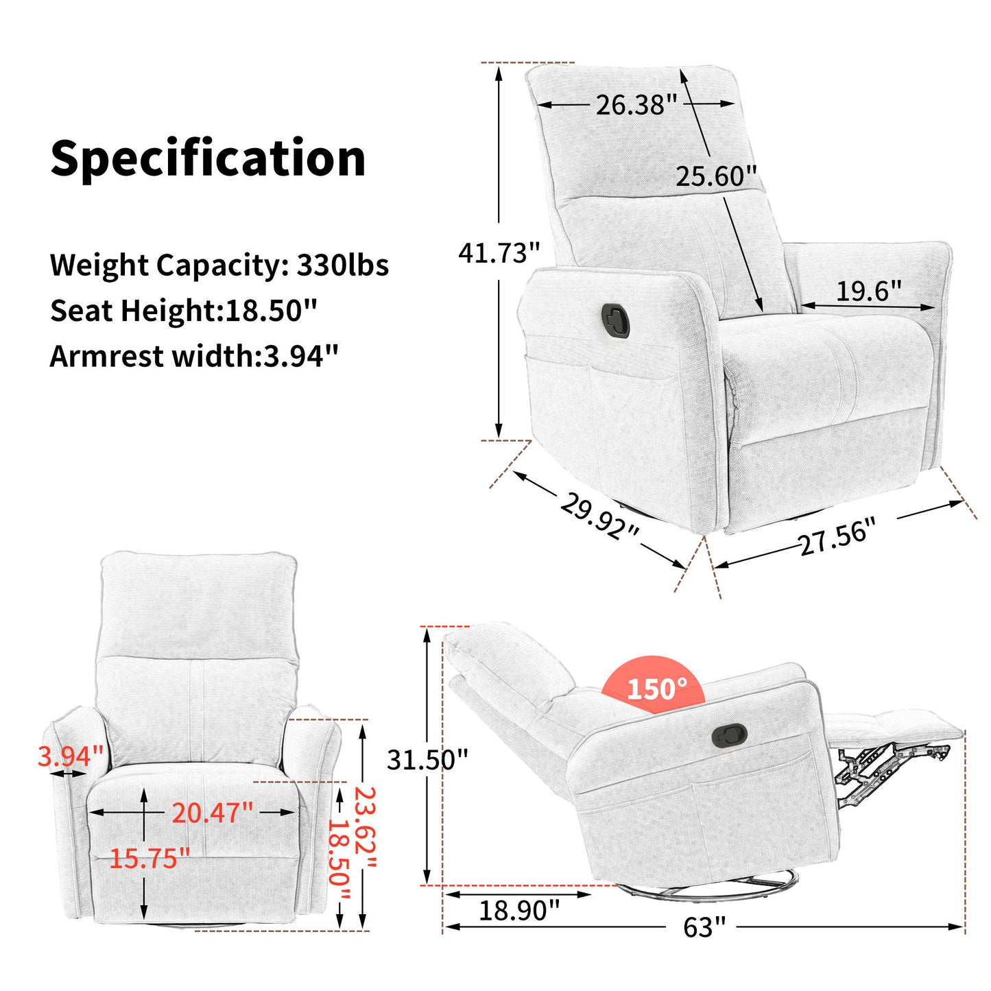 Diagram displaying the 360° Modern Small Rocking Swivel Recliner Chair With Side Pocket in light gray, showing height, width, seat height, full recline angle (150°), plus text listing a 330 lb weight capacity and other specifications.